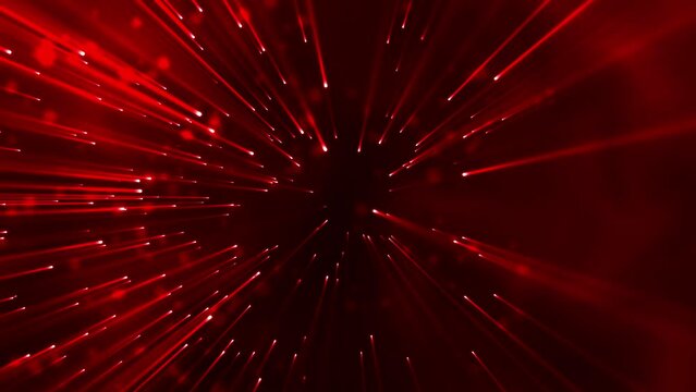 Neon line dot lens.  Abstract red color background with animation flying of flickering particles with light beams.