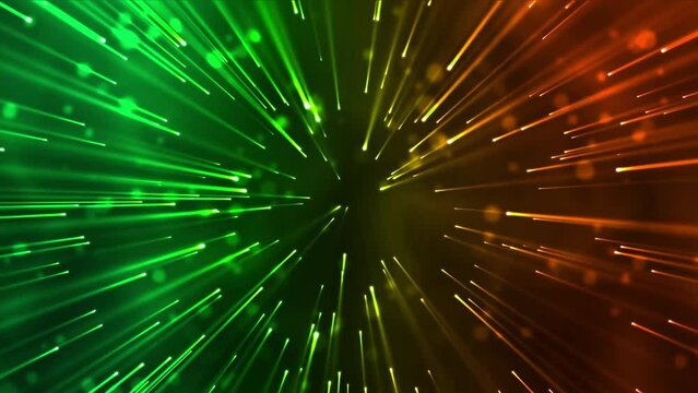 Neon line dot lens.  Abstract green color  background with animation flying of flickering particles with light beams.