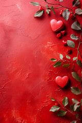 rose leaves and red hearts on a red background