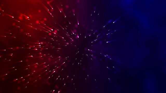 Neon line dot lens.  Abstract background with animation flying of flickering particles with light beams.