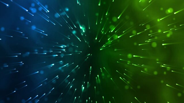 Neon line dot lens.  Abstract green background with animation flying of flickering particles with light beams.