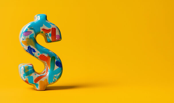 colorful ceramic $ dollar sign painted sculpture isolated on plain yellow studio background, frame template with blank copy text space