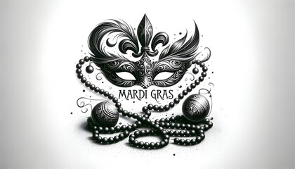 Mardi gras mask, beads, and fleur de lis in charcoal style.