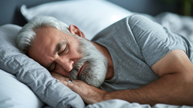 Mature man with pillow sleeping in bed