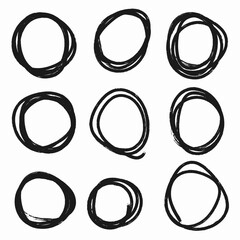 Circular scribble doodle oval. Vector illustration. White background. Highlight circle frames. For message note mark design element. Set hand drawn pencil or marker round circles line sketch set.