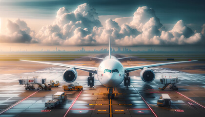Commercial Jet at Airport Runway. Luxury VIP Personal Air Travel Services Illustration. AI Generative.