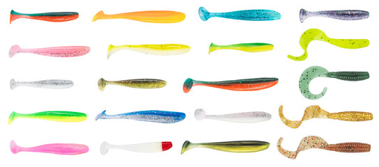 Multicolored silicone fishing baits isolated on white background. Spinning bait. Set of bait. Composition of silicone bait for fishing. - obrazy, fototapety, plakaty