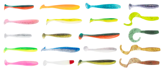 Multicolored silicone fishing baits isolated on white background. Spinning bait. Set of bait. Composition of silicone bait for fishing.
