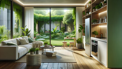 Elegant Modern Living Room with Natural Light and Lush Greenery