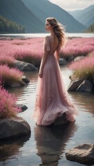 Woman in Elegant Dress by the Water