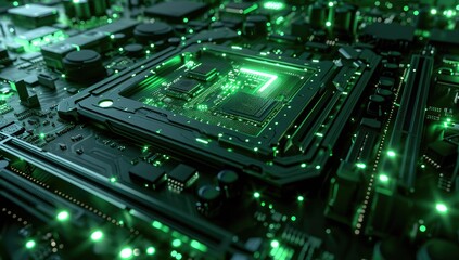 Obraz premium An electronic circuit board serves as the backdrop, symbolizing central computer processors within the realm of technology.