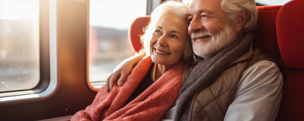 Happy senior couple having fun and enjoying their train trip