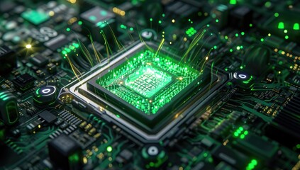 Obraz premium An electronic circuit board serves as the backdrop, symbolizing central computer processors within the realm of technology.