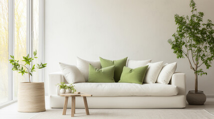 White sofa with green cushions standing against the wall. Scandinavian design interior. Copy space.