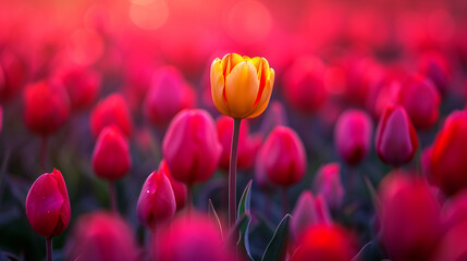 A bright yellow tulip among red tulips on a tulip field in sunset lighting. - obrazy, fototapety, plakaty