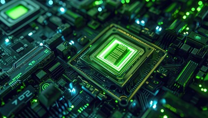 An electronic circuit board serves as the backdrop, symbolizing central computer processors within the realm of technology. - obrazy, fototapety, plakaty