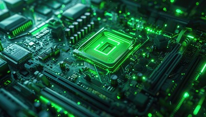 Obraz premium An electronic circuit board serves as the backdrop, symbolizing central computer processors within the realm of technology.