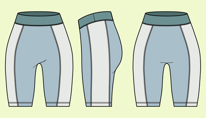 Sports Cycling Active Shorts Vector Flat Sketch - Front, Back, and Side View -  for Running, Yoga, and Gym