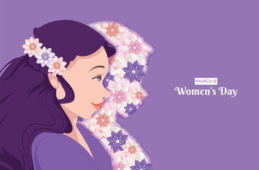 8 March Greeting Card, Elegantly Celebrating International Women's Day in Paper Cut Style on a Blissful Purple Canvas