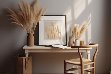 Minimalist home interior with mock-up frame, dried pampas grass in vases, and wooden chair. Cozy Scandinavian decor.