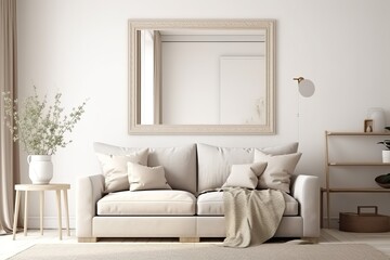 Elegant living room interior with neutral sofa, decorative pillows, framed wall art, and plant. Modern home decor.