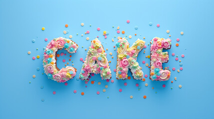 letters spelling word CAKE with sprinkles isolated on plain blue studio background