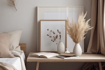 Minimalist interior with pampas grass in vase and framed wall art.