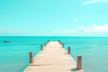 Fotobehang Dock extending into clear blue waters. Serene waterfront scene. Ideal image for conveying a tranquil and inviting atmosphere, capturing the beauty of a peaceful waterside setting. © Stream Skins