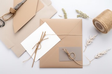 Elegant stationery set with envelopes, cards, and twine on a white background, adorned with wheat sprigs.
