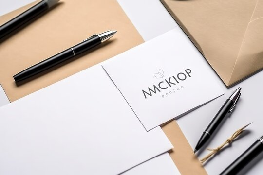 Elegant corporate identity mockup with business cards, envelopes, and pens on a beige background.