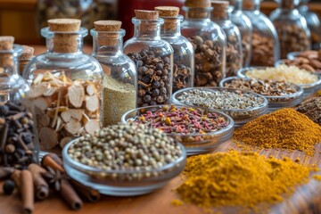 A set of various colorful spices in glass jars, ceramic bowls and wooden bowls. The intricate details of each spice bring them to life. Generative AI