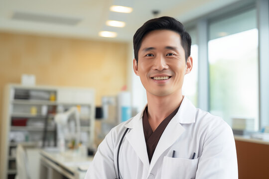Asian smiling doctor. World of Medicine. Personal care profession. Medical studies. China. Japan. AI.