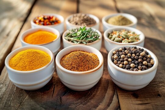A set of various colorful spices in glass jars, ceramic bowls and wooden bowls. The intricate details of each spice bring them to life. Generative AI