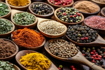 Fototapeta premium A set of various colorful spices in glass jars, ceramic bowls and wooden bowls. The intricate details of each spice bring them to life. Generative AI