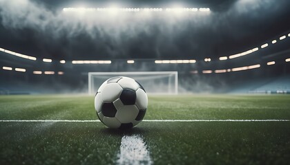Fototapeta premium soccer ball in the stadium in the evening, lights and smoke