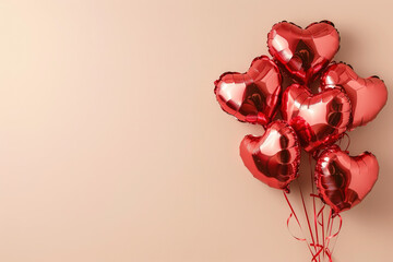 Red heart shaped balloons on beige background. Happy Valentine's Day concept. Generative AI