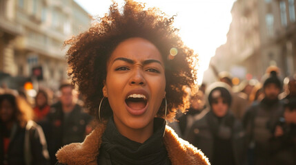 Young black woman shouting and participating in anti-racism demonstrations and looking at camera.