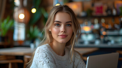 A beautiful young woman working on her laptop in a cafe, looking at the camera. Perfect for lifestyle and technology related content.