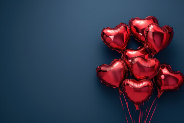 Red heart shaped foil balloons on dark blue background. Valentines Day concept. Generative AI