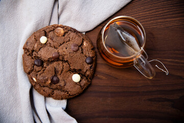chocolate chip cookies on wooden table