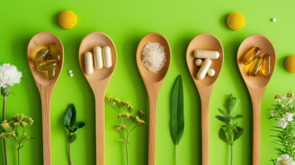 top view of  assorted supplements on wooden spoons with green backdrop and herbs  - obrazy, fototapety, plakaty