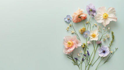Creative layout made of various flowers. Flat lay delicate colors bouquet .  - obrazy, fototapety, plakaty