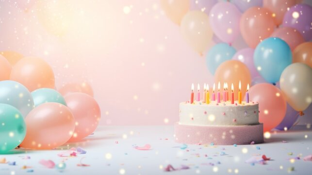 Cheerful pastel birthday celebration with cake, candles, and balloon confetti decorations - festive background image