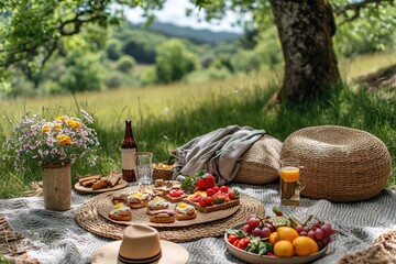 A surprise picnic setup with heart-shaped sandwiches and fruits