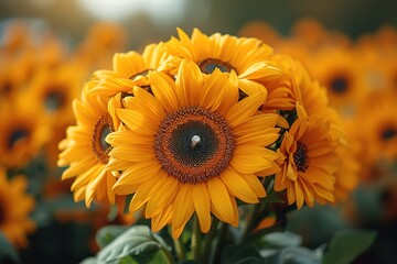 A surprise proposal with a ring hidden in a bouquet of sunflowers