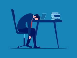 Businessman suffering from burnout from boring job sitting sad on desk - obrazy, fototapety, plakaty