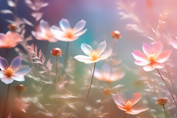 Small pink flowers on a soft baby blue and pink background outdoors. Floral background.