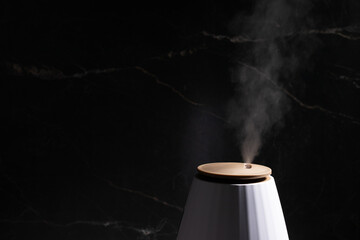 Air humidifier vaporize water, ultrasonic diffuser, modern home background, steam release