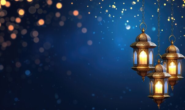 eid al fitr greeting with lanterns on dark blue background  - Powered by Adobe