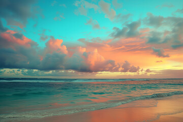 Fototapeta na wymiar Closeup of sandy beach. Panoramic tropical seascape. Sunset sky over tranquil ocean. Inspiring beach horizon. Relaxing summer mood. Vacation travel banner with warm hues.